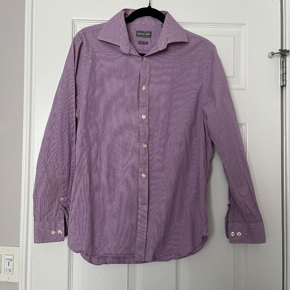 Michael Kors Men's Dress Shirt Slim Fit 15.5 32/33 Lilac Plaid Gingham Medium